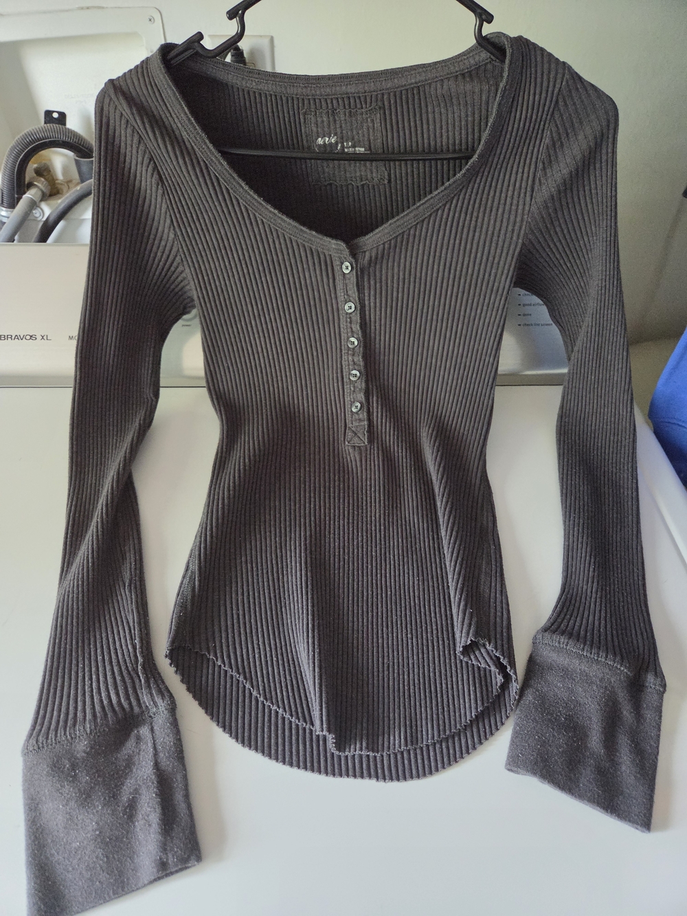 Waffle Rib Henley Long-Sleeve Top - Charcoal